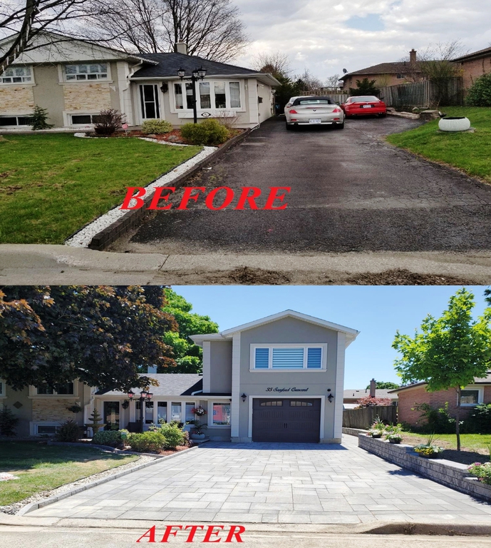 Before and after view of a Manefa home addition with completed driveway and upper-level expansion