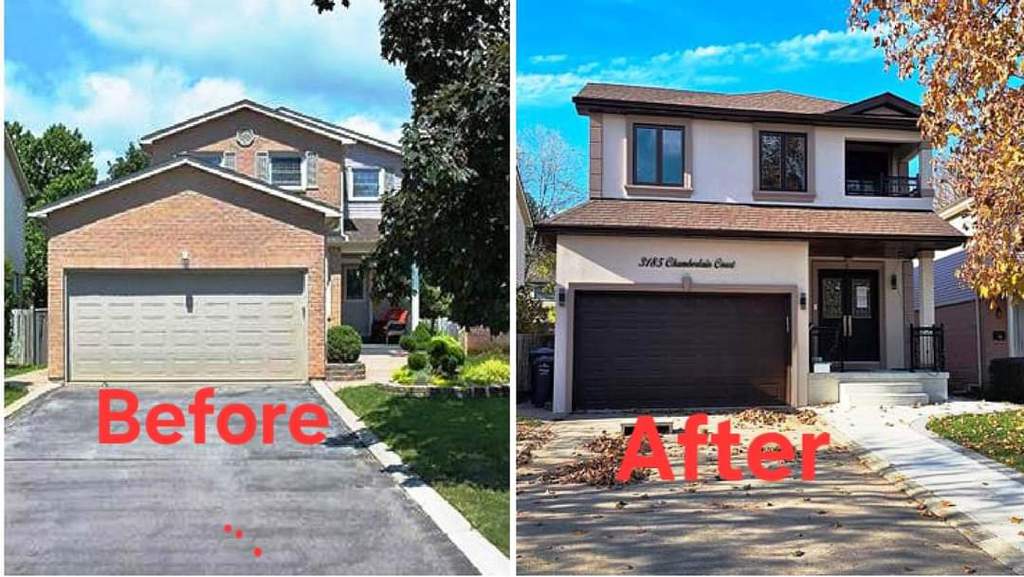 Before and after view of a Manefa home addition with updated exterior and front elevation