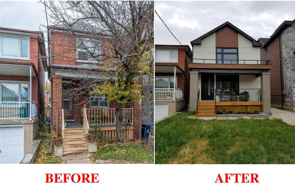 Before and after view of a Manefa second story addition with modern finished exterior